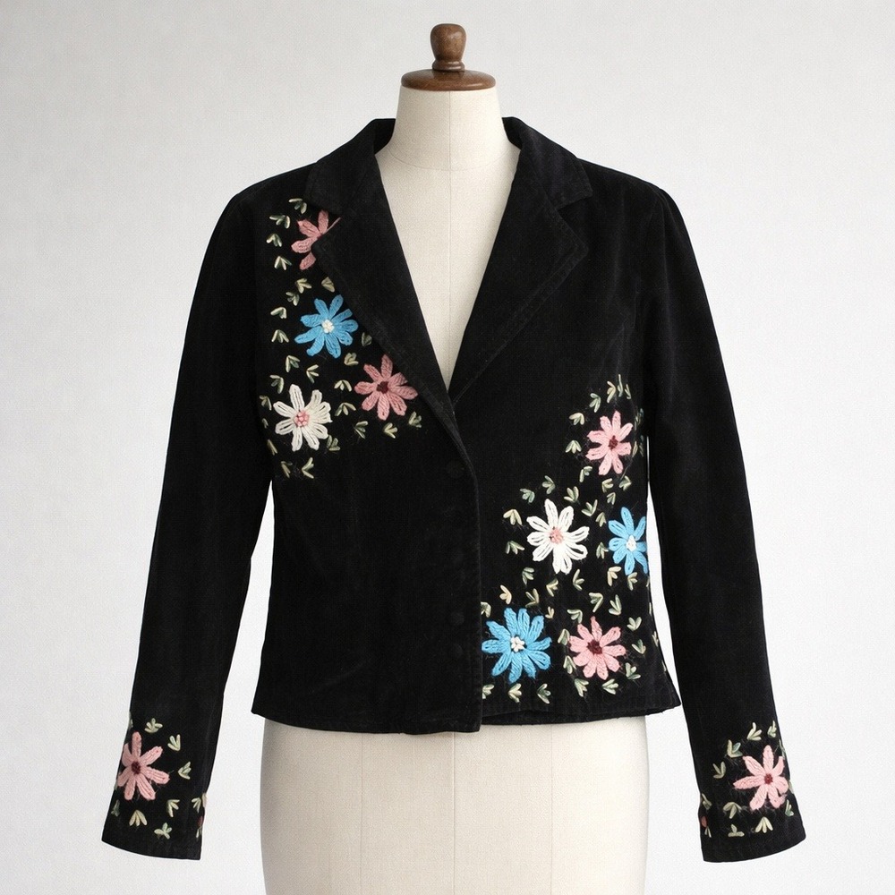 Persaman New York Black Corduroy Floral Embroidered Blazer‎ Jacket Womens Size 2